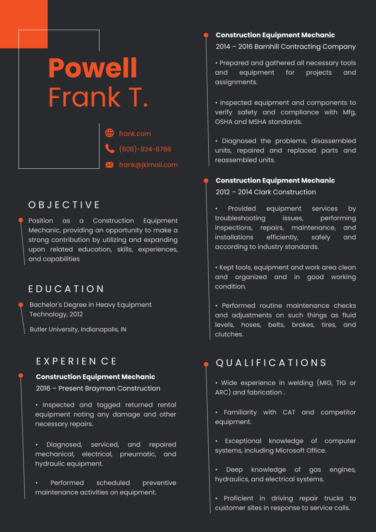 Construction Equipment Resume Template