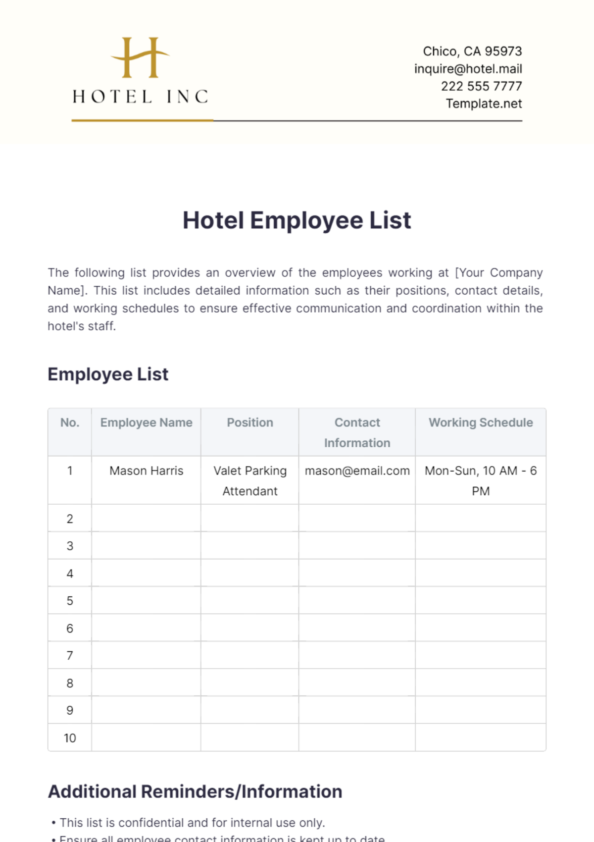 Hotel Employee List Template