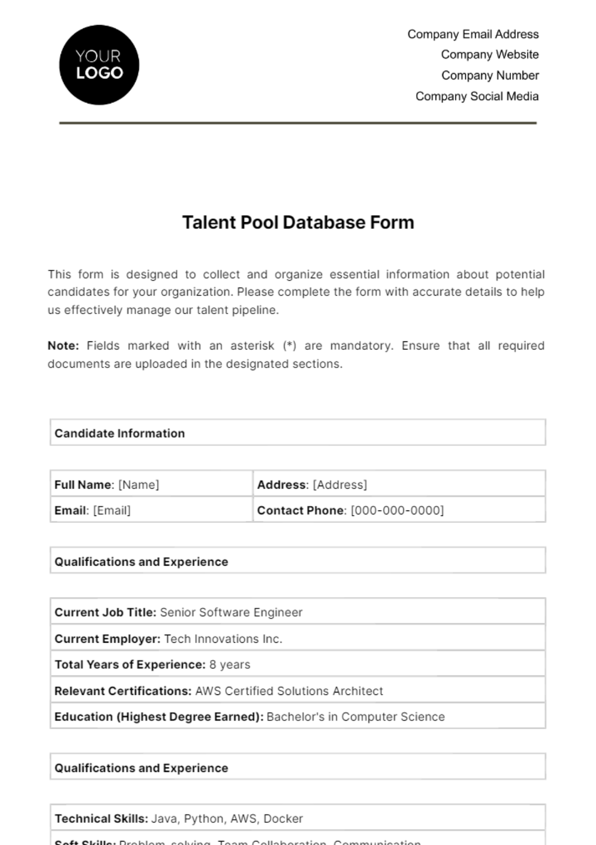Free Talent Pool Database Form HR Template to Edit Online Free Talent Pool Database Form HR Template to Edit Online