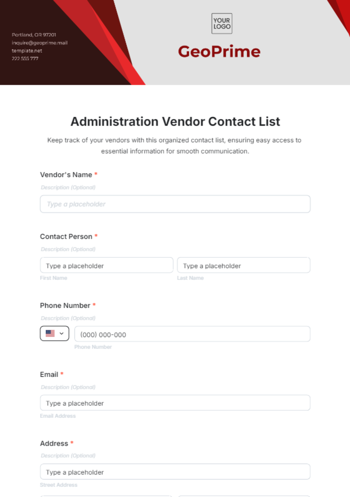 Free Administration Vendor Contact List Form Template to Edit Online Free Administration Vendor Contact List Form Template to Edit Online