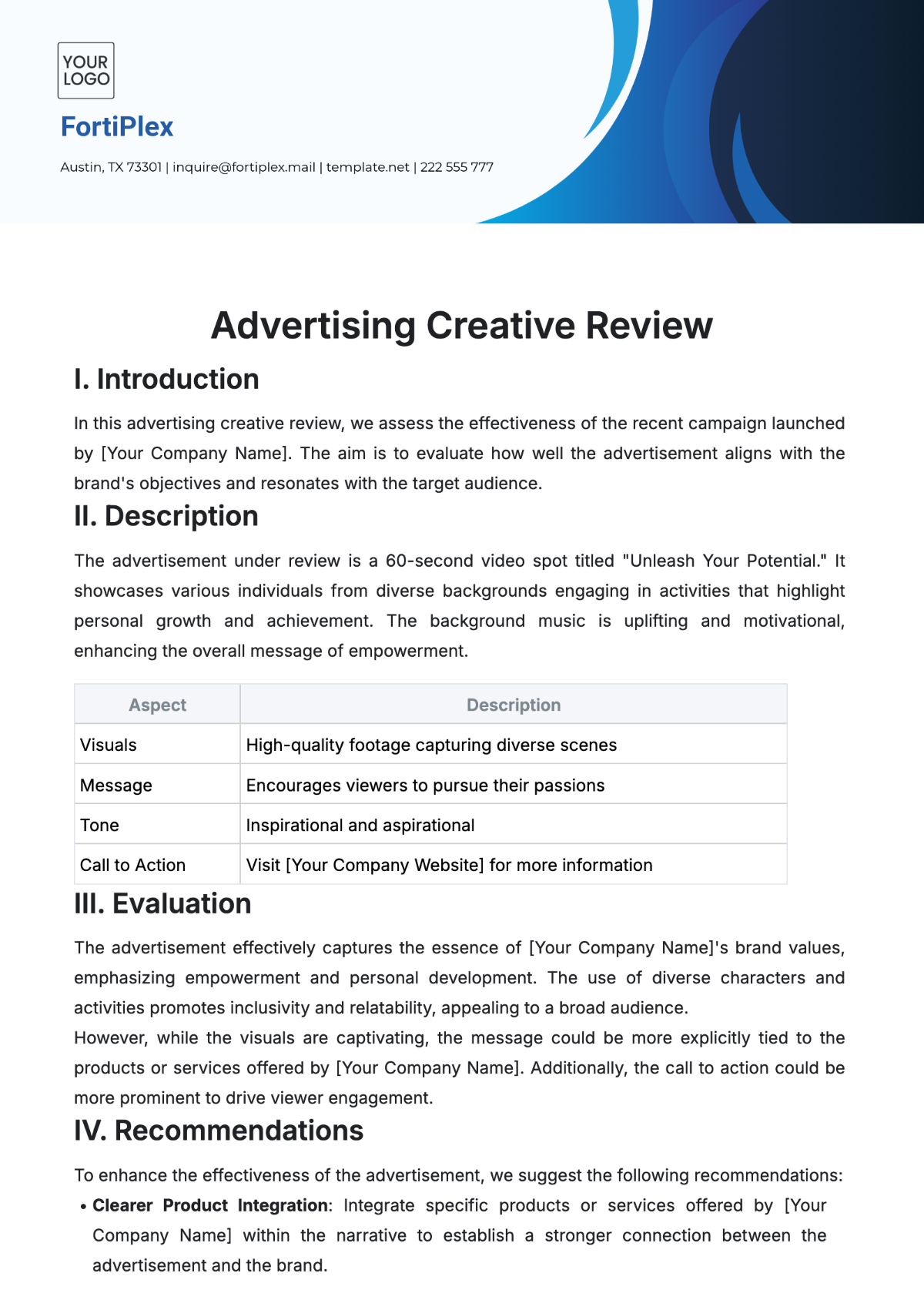Free Advertising Creative Review Template to Edit Online