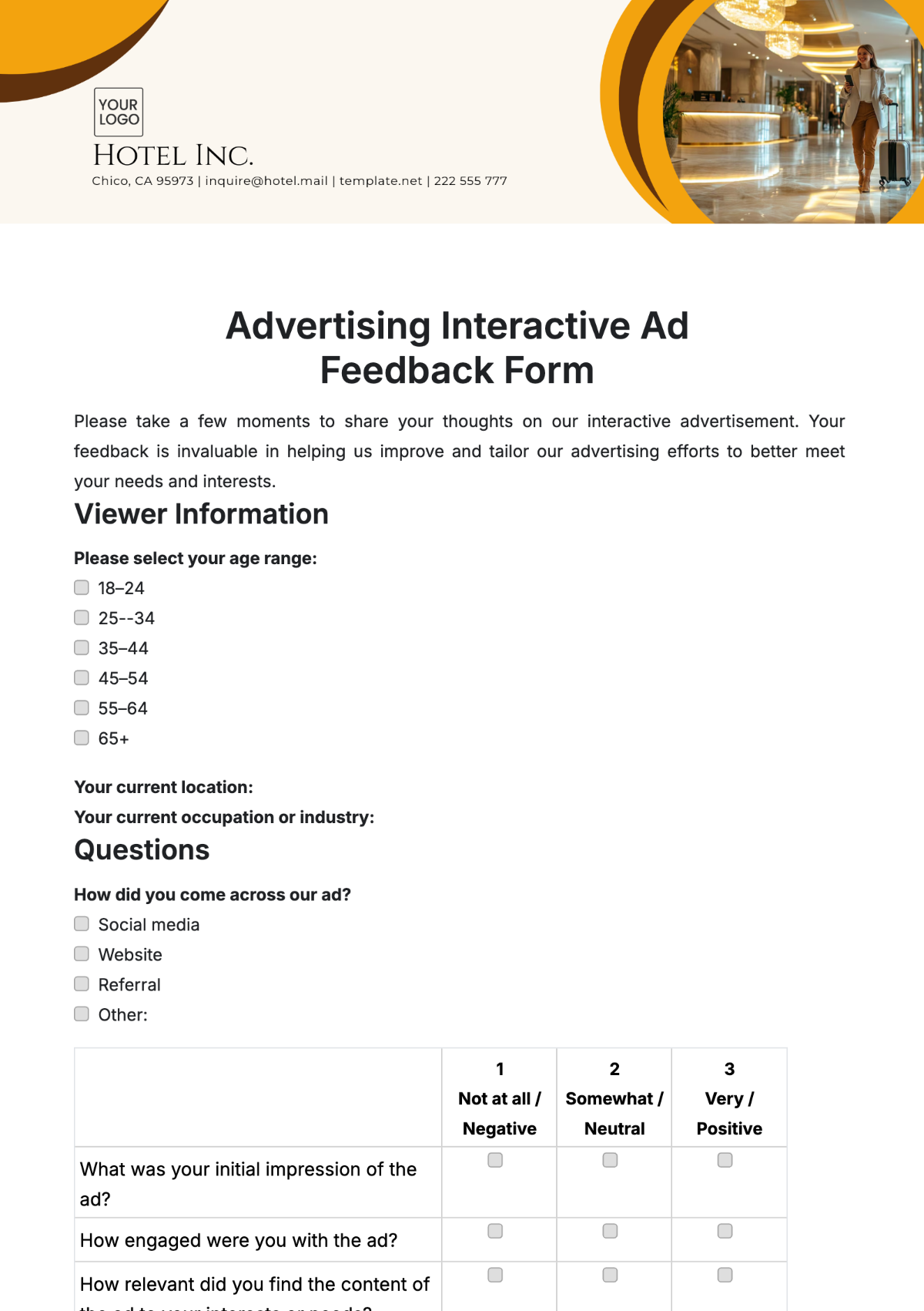Free Advertising Interactive Ad Feedback Form Template to Edit Online