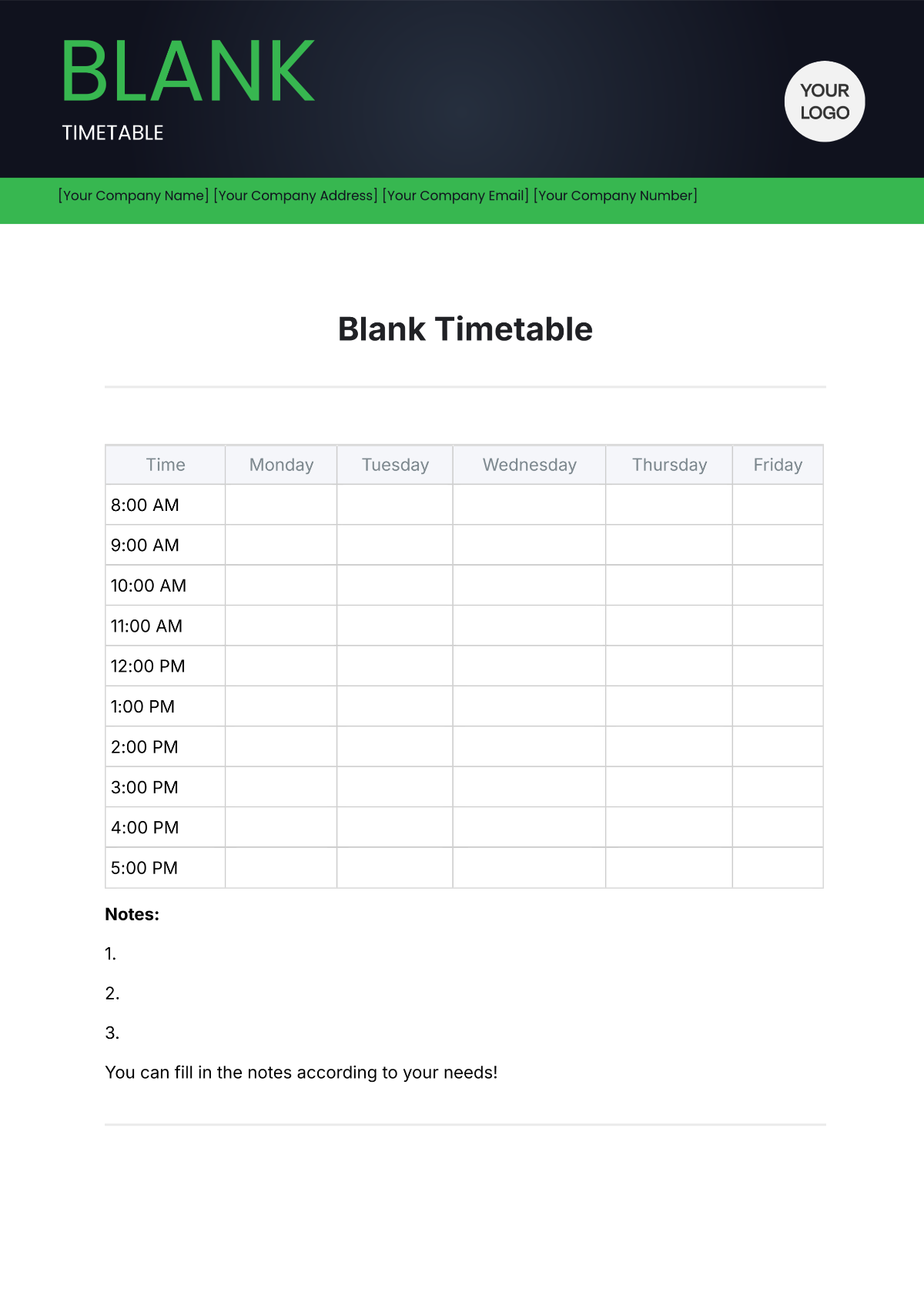 Blank Timetable Template