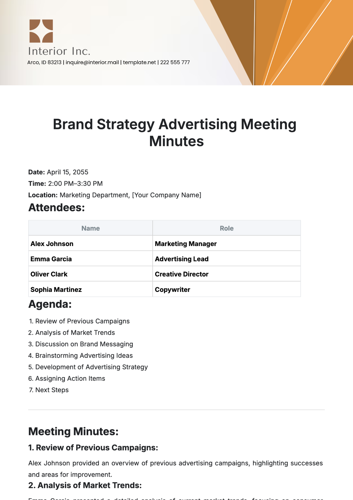 Free Brand Strategy Advertising Meeting Minutes Template to Edit Online