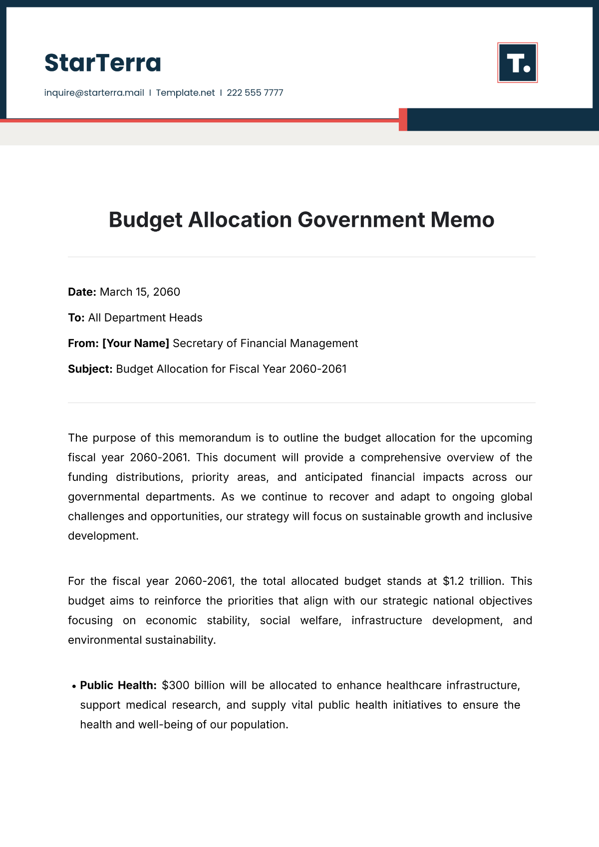 Free Budget Allocation Government Memo Template to Edit Online