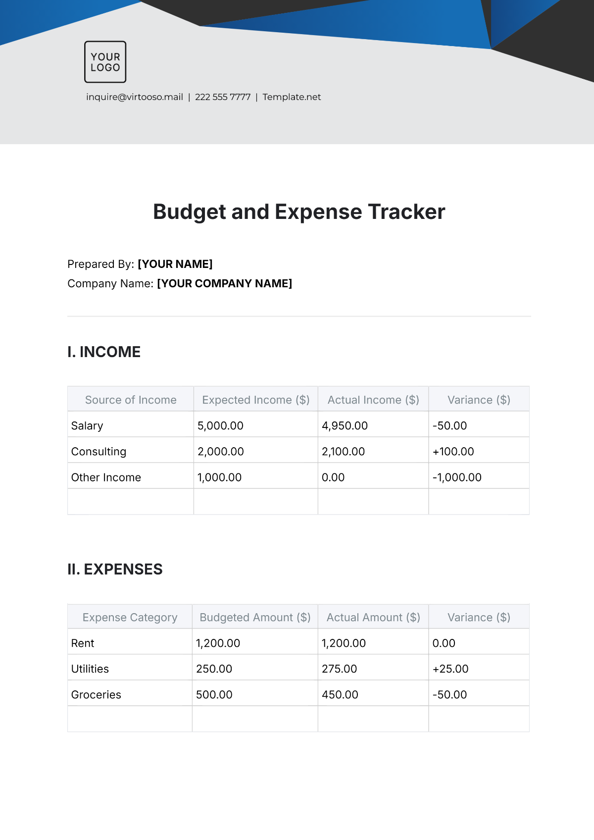 Budget And Expense Tracker Template
