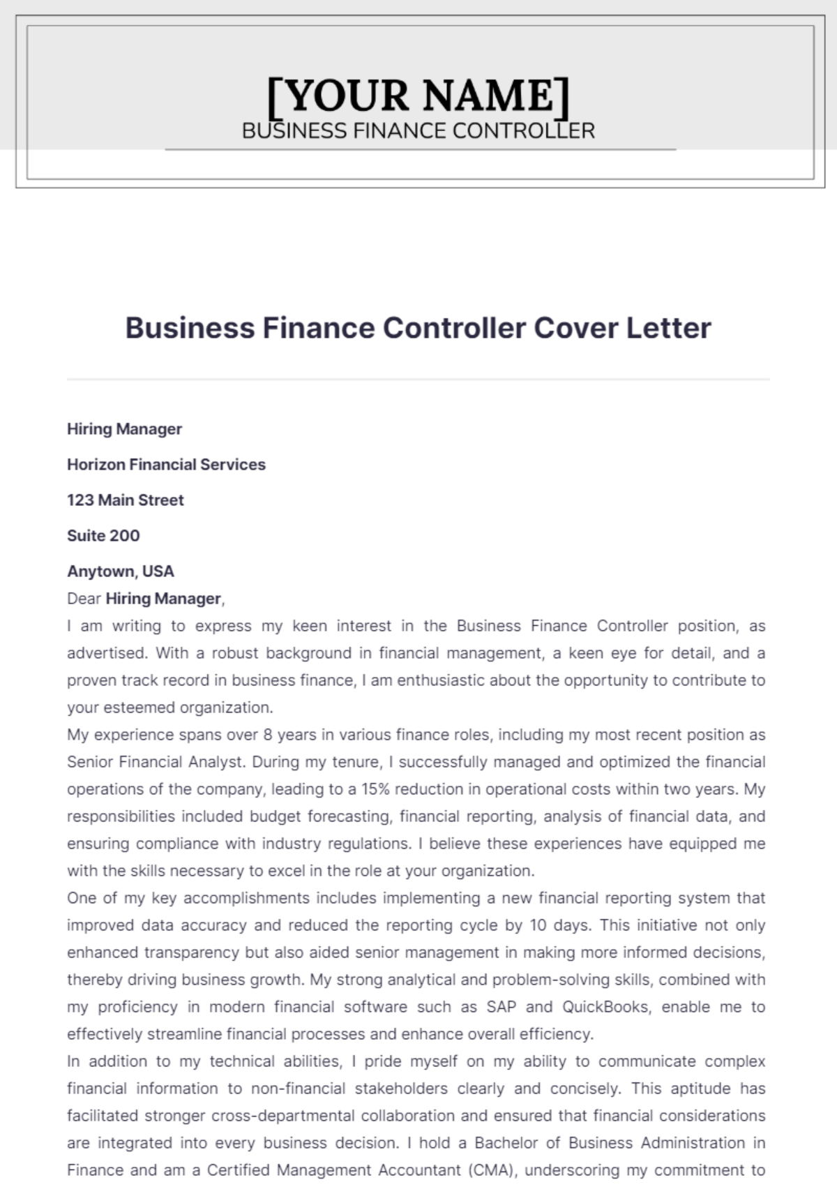 Free Business Finance Controller Cover Letter to Edit Online