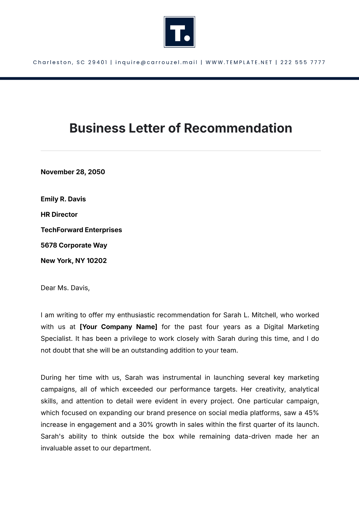 Business Letter Of Recommendation Template