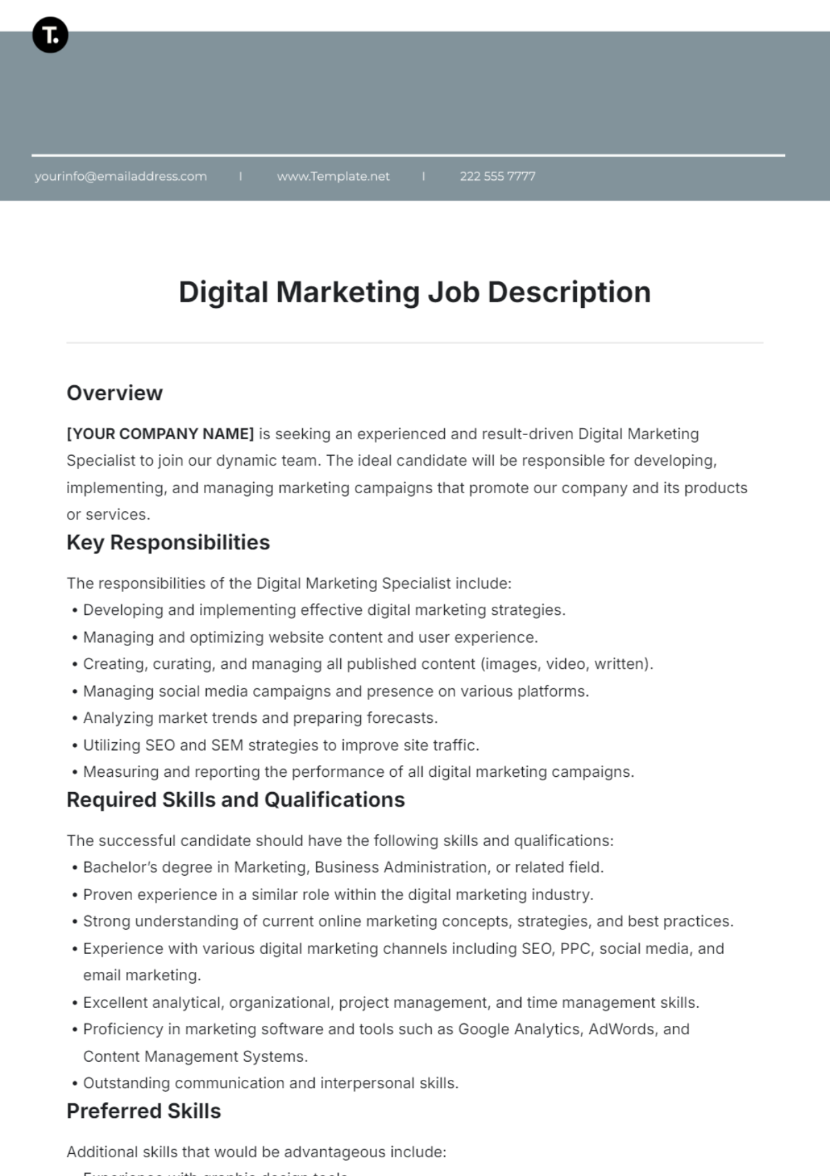 Digital Marketing Job Description Template