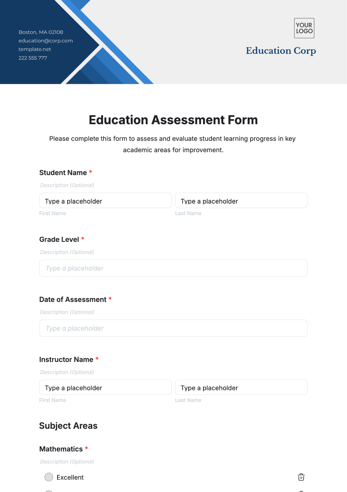 Free Education Assessment Template to Edit Online