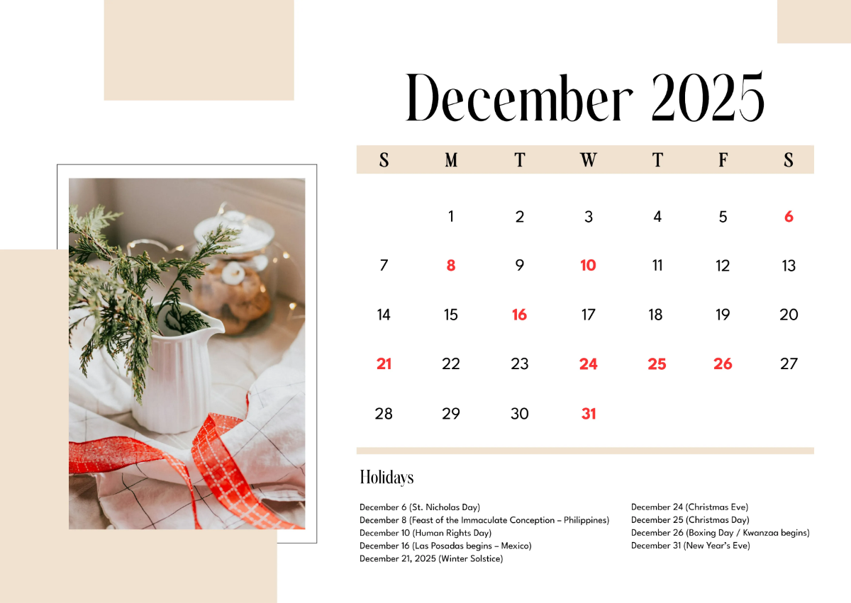 Free Elegant December 2025 Calendar Template