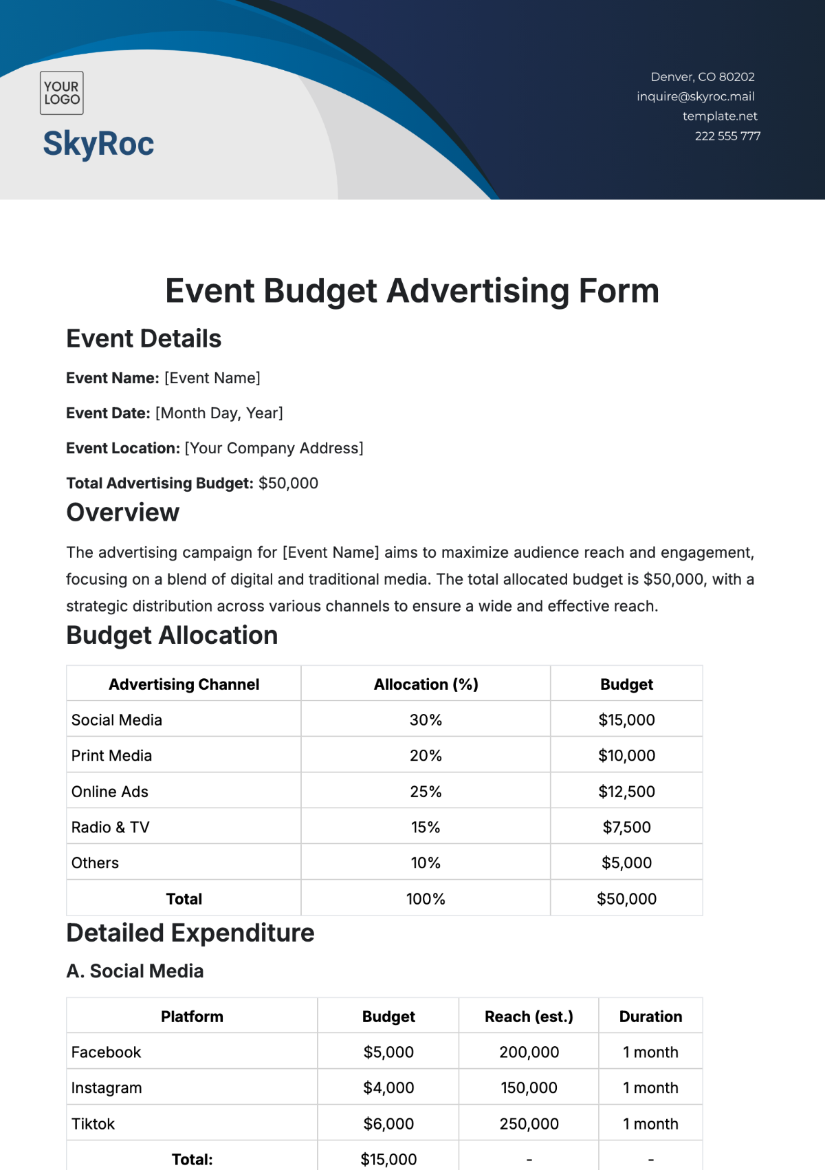 Free Event Budget Advertising Form Template to Edit Online