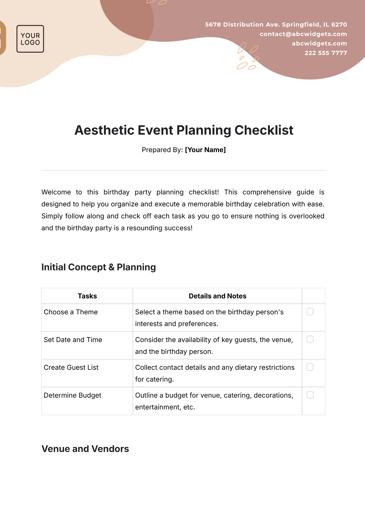 Aesthetic Event Planning Checklist Template