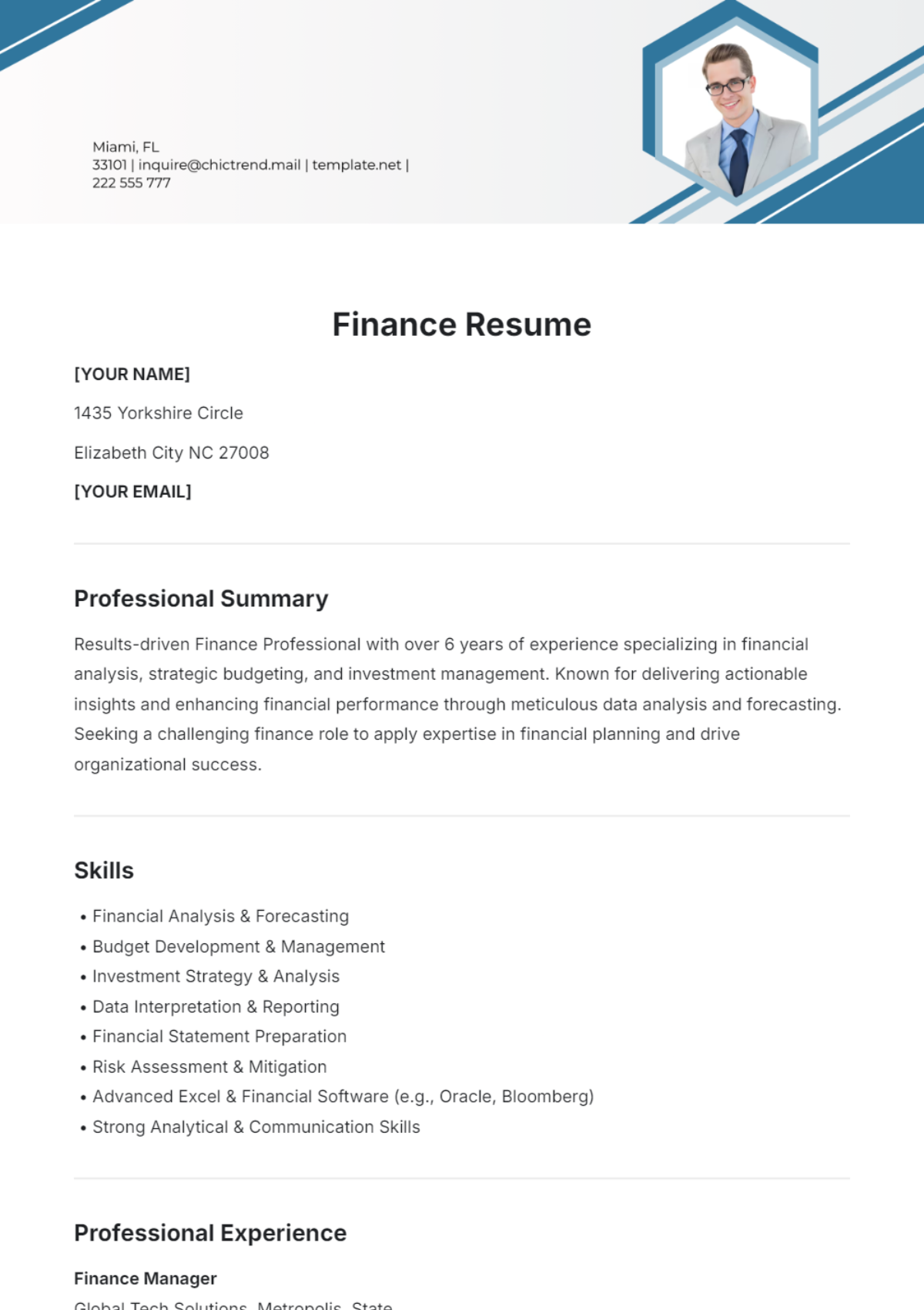 Free Finance Resume Template to Edit Online