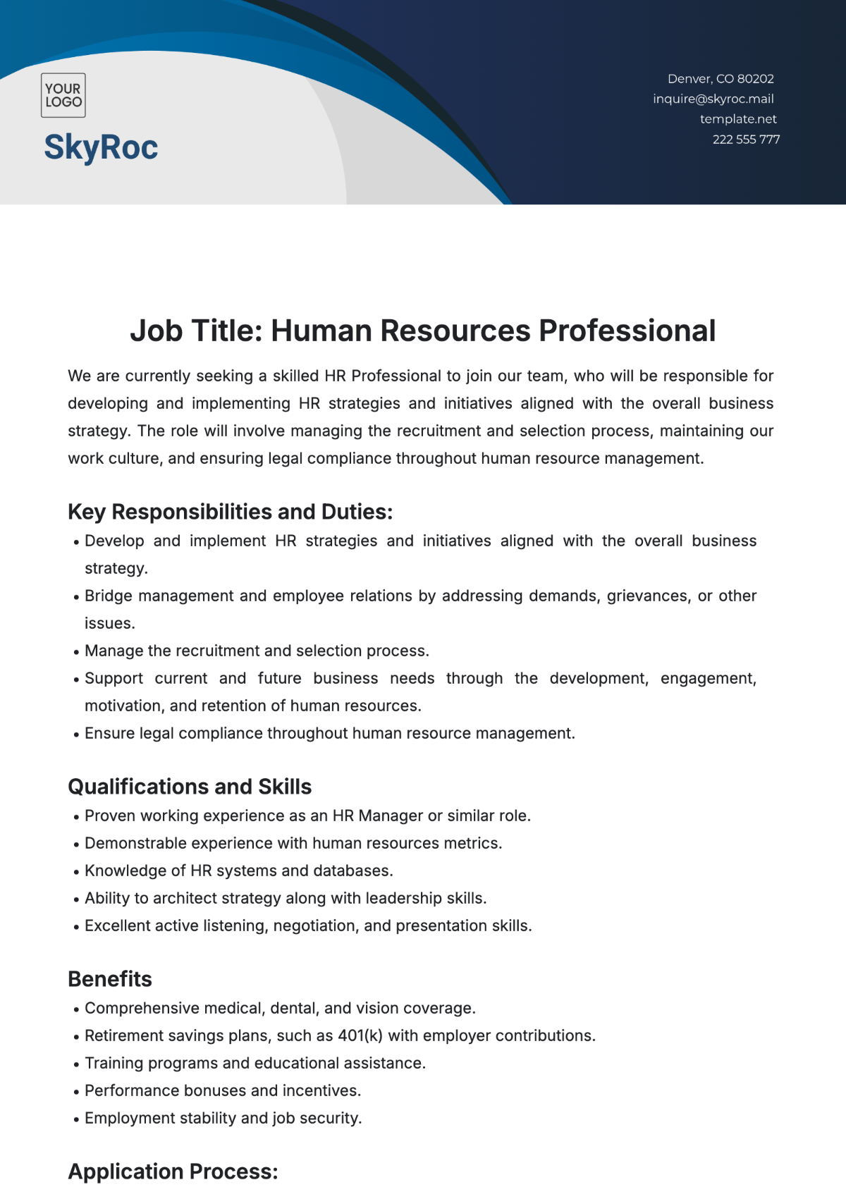 Free Job Description for HR Template to Edit Online Free Job Description for HR Template to Edit Online