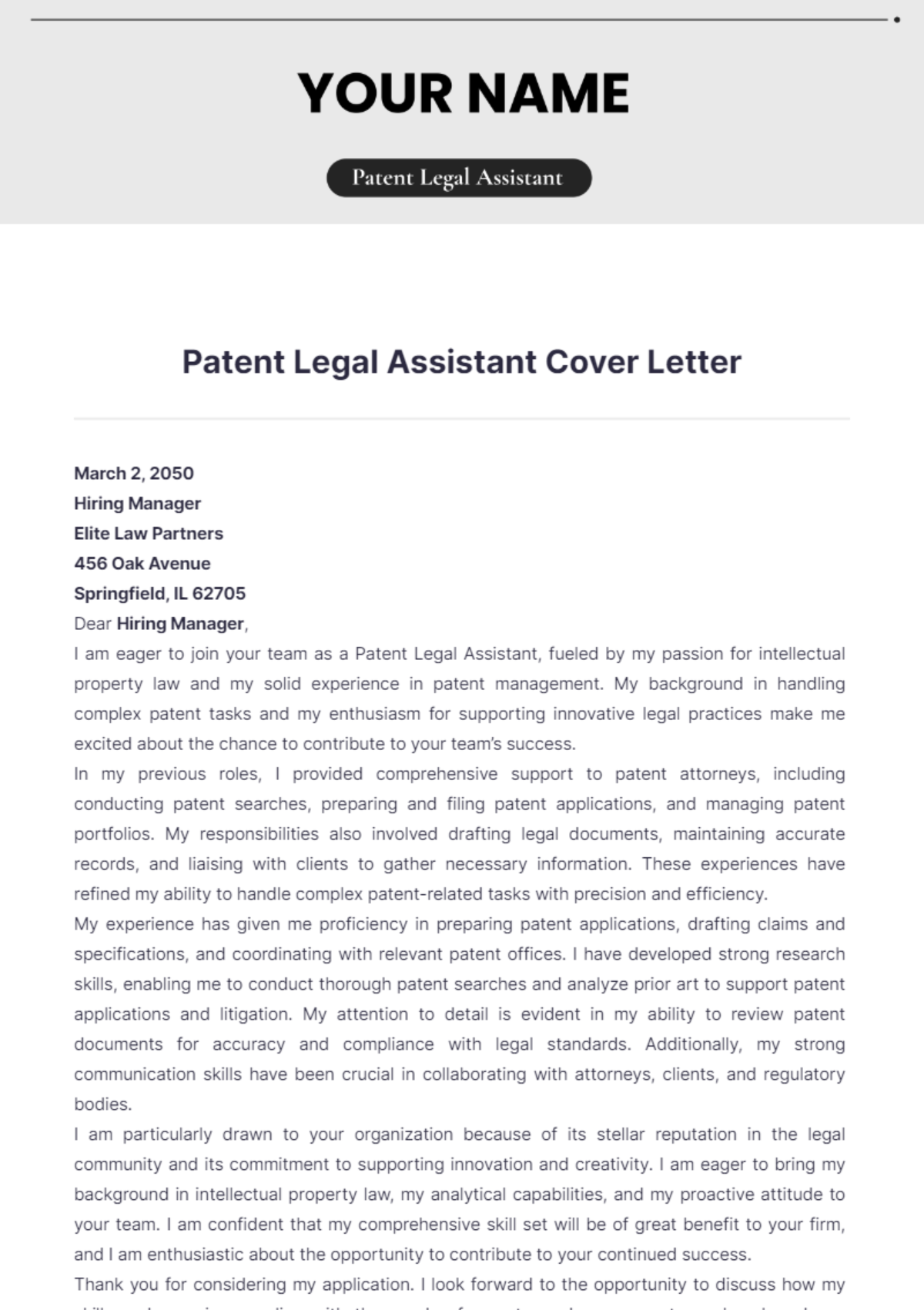 Free Patent Legal Assistant Cover Letter to Edit Online