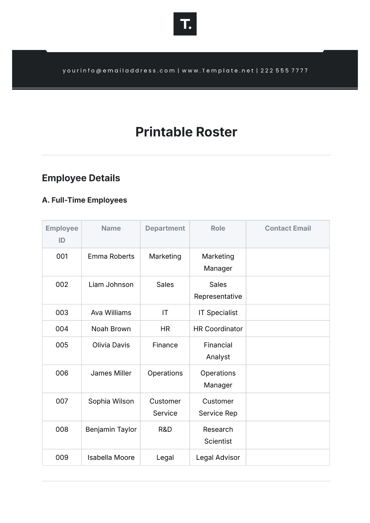 Printable Roster Template