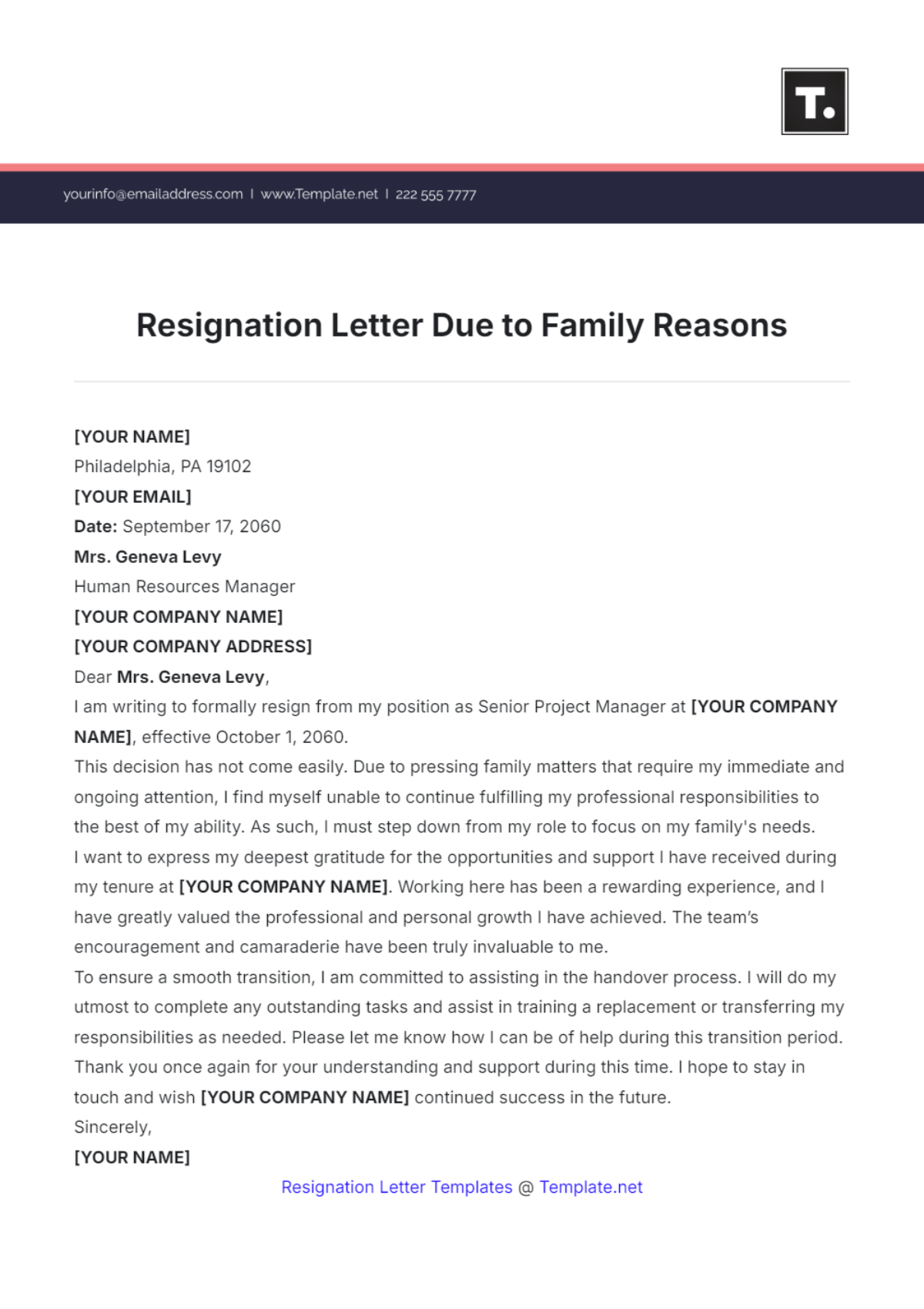 Resignation Letter Due To Family Reasons Template