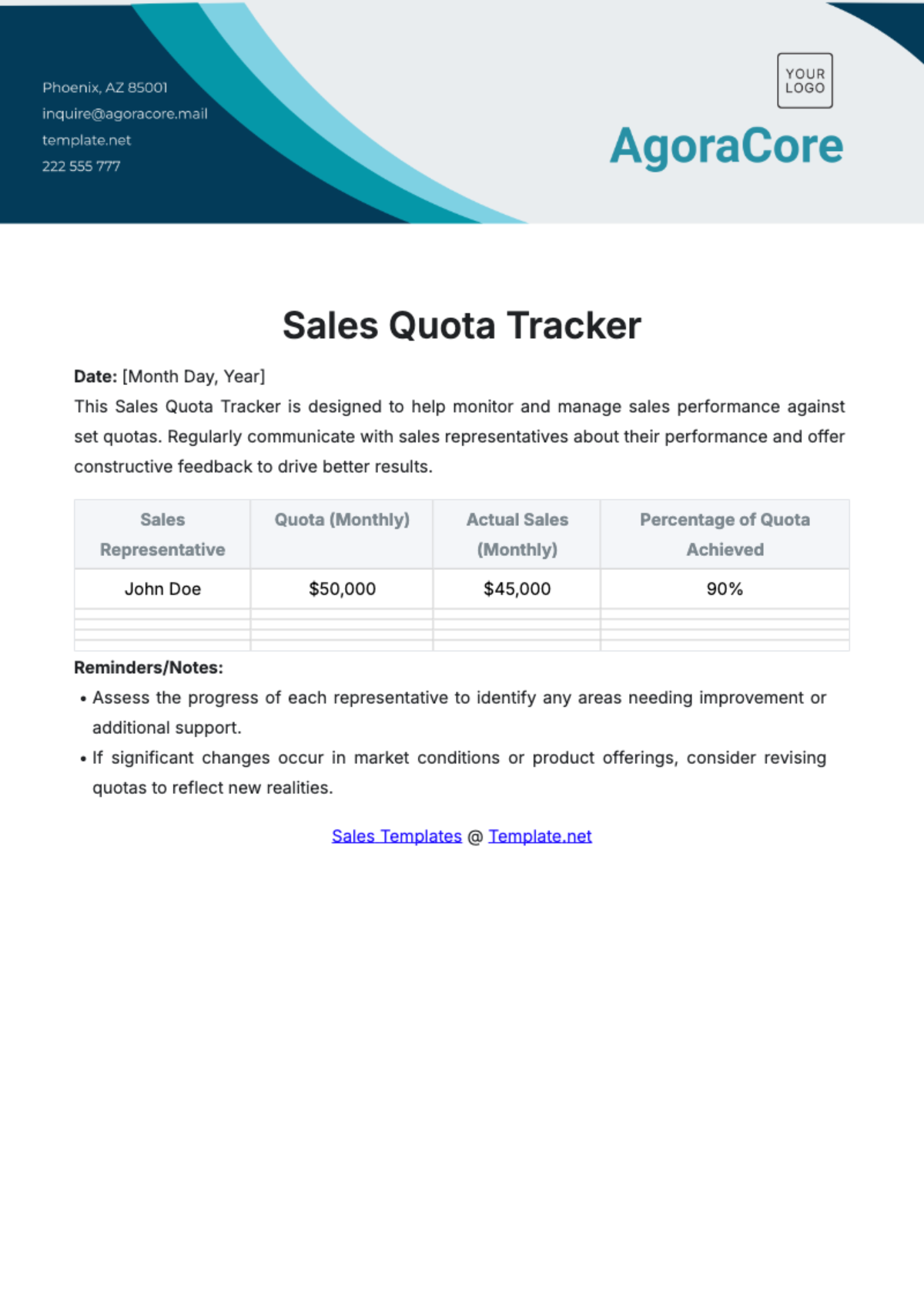 Free Sales Quota Tracker Template to Edit Online
