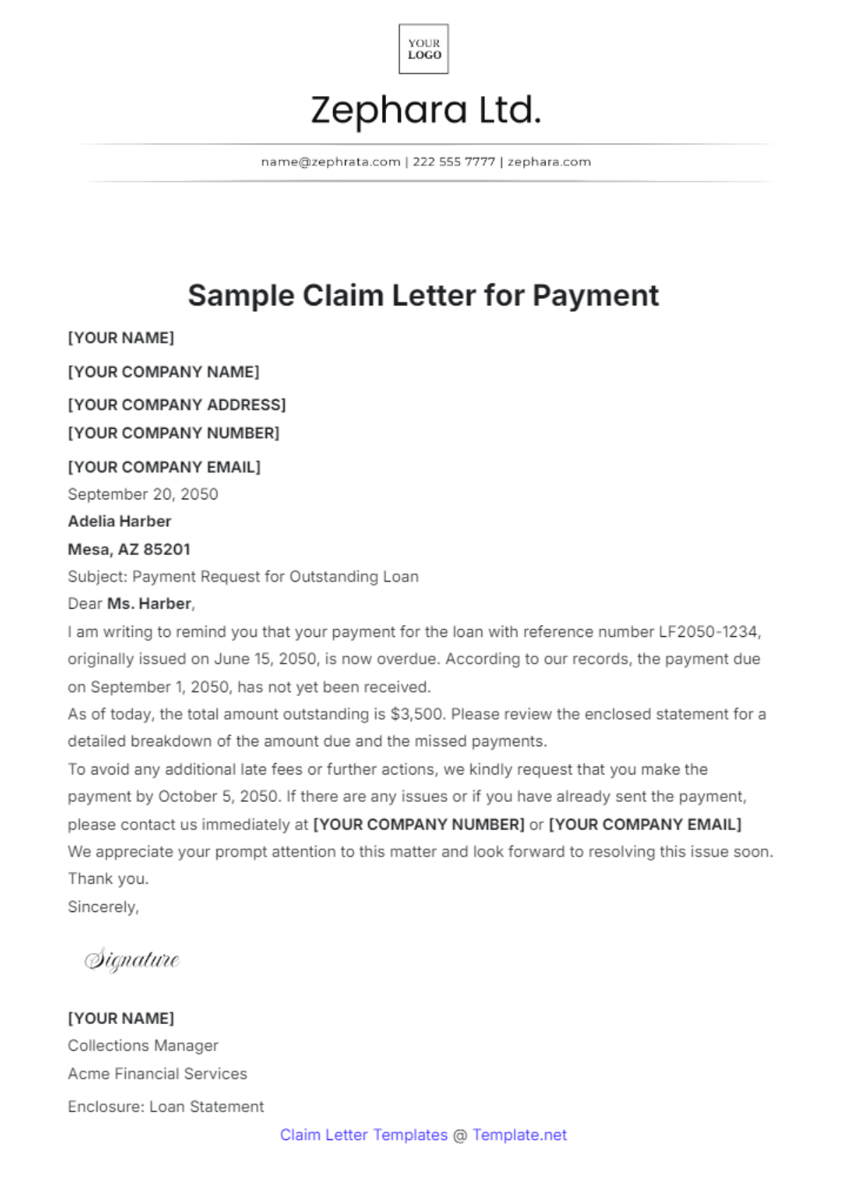 Sample Claim Letter For Payment Template