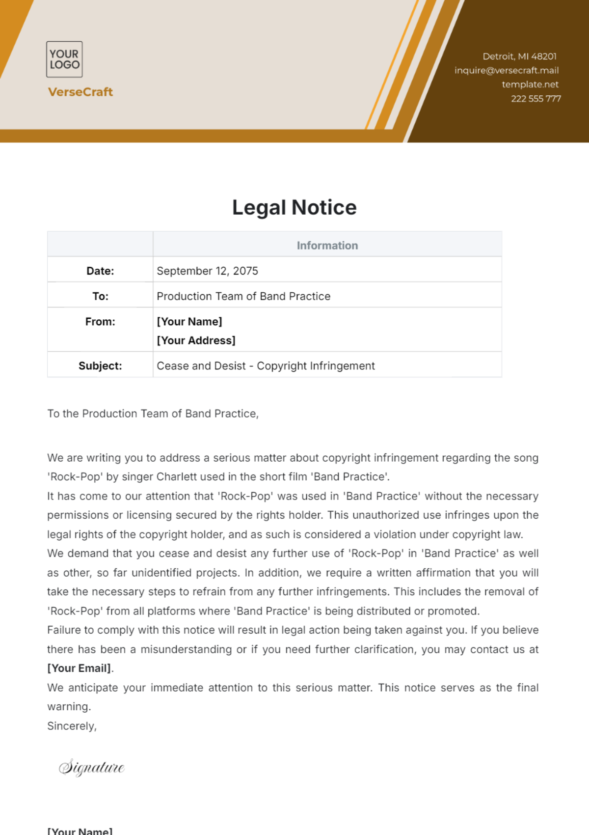 Free Sample Legal Notice Template to Edit Online