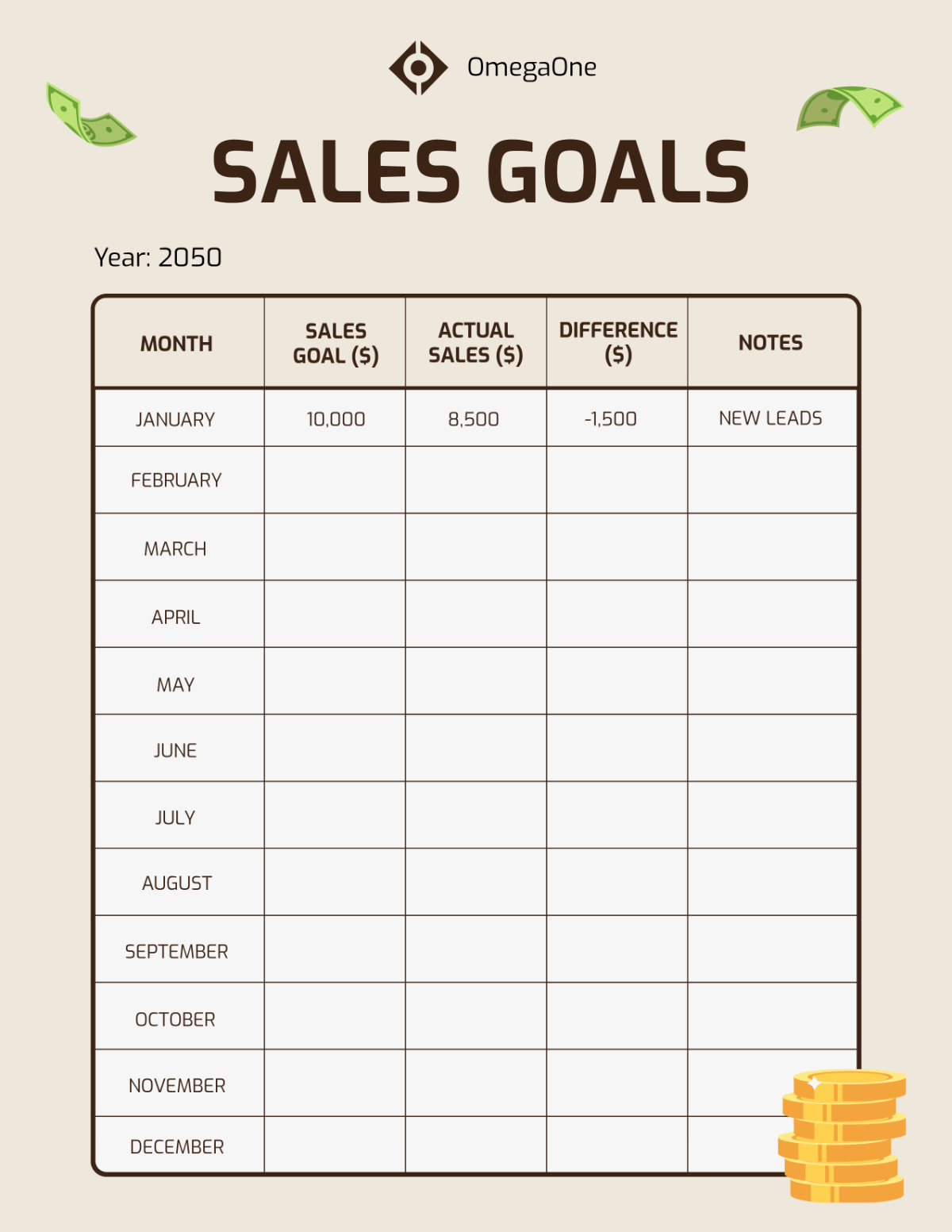 Free Simple Sales Goals Template to Edit Online