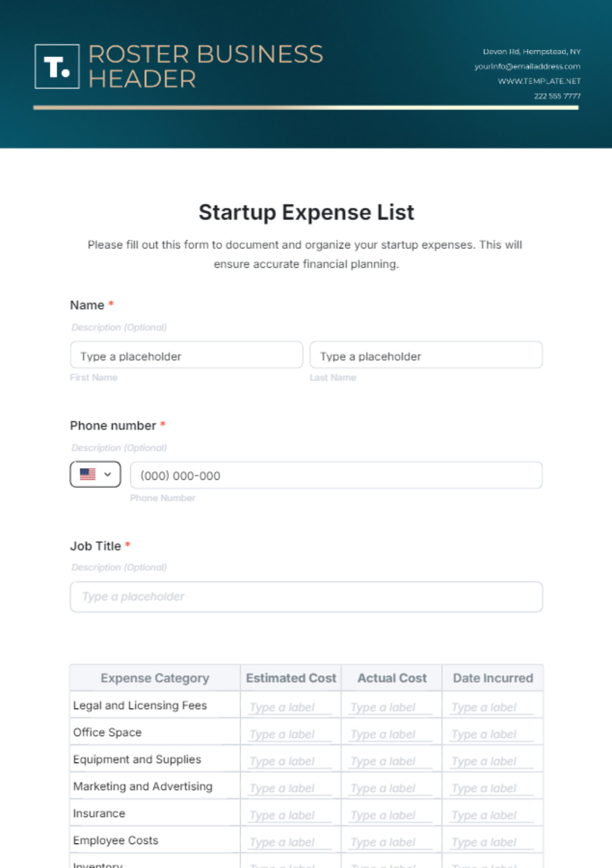 Free Startup Expense List Form Template to Edit Online