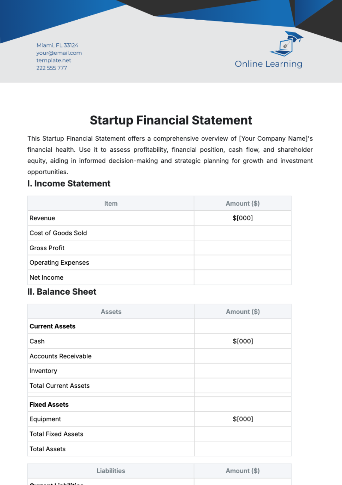 Free Startup Financial Statement Template to Edit Online